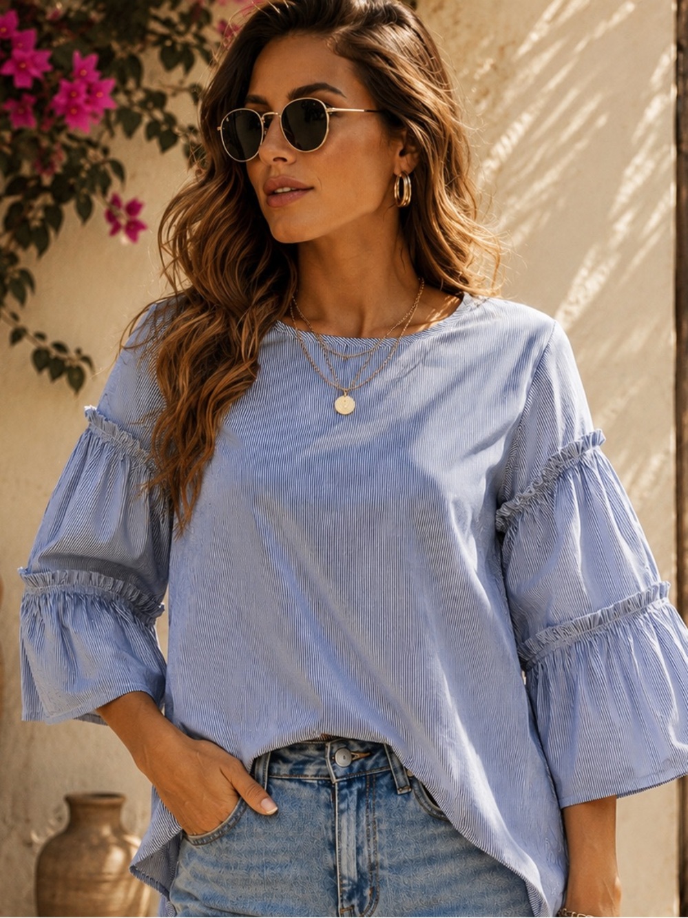 dRA Los Angeles Blue Pinstripe Ruffle Sleeve Statement Blouse Boho Chic Large